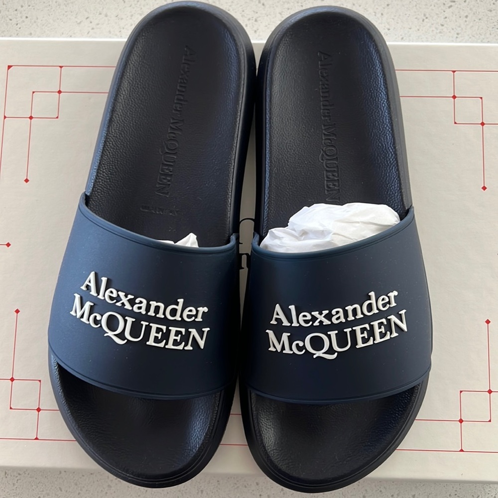 Alexander McQueen logo pool slides brand new